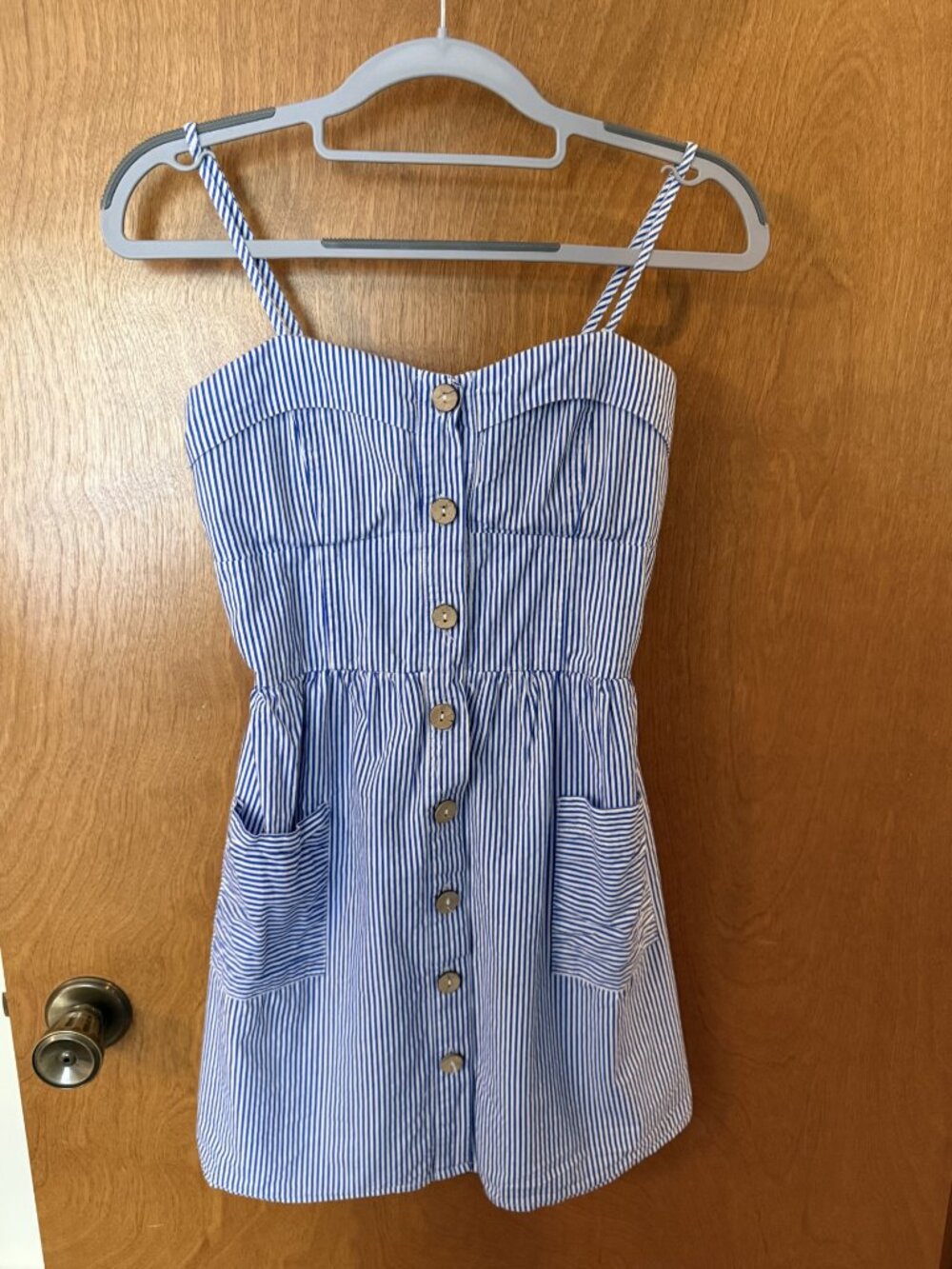 Women's White and Blue Striped Casual Mini Dress Size Small Button Front Preppy - Picture 3 of 6